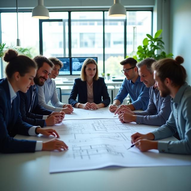 Team di architetti che collabora su planimetrie in un ufficio moderno e luminoso