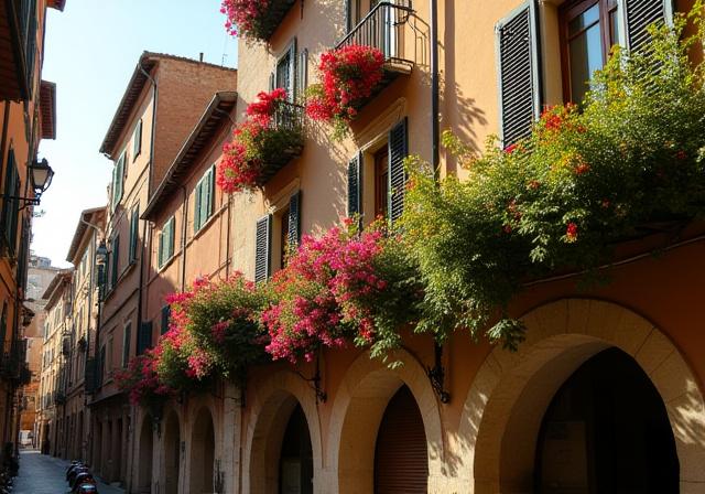 Complesso residenziale con balconi fioriti nel cuore di Trastevere, Roma