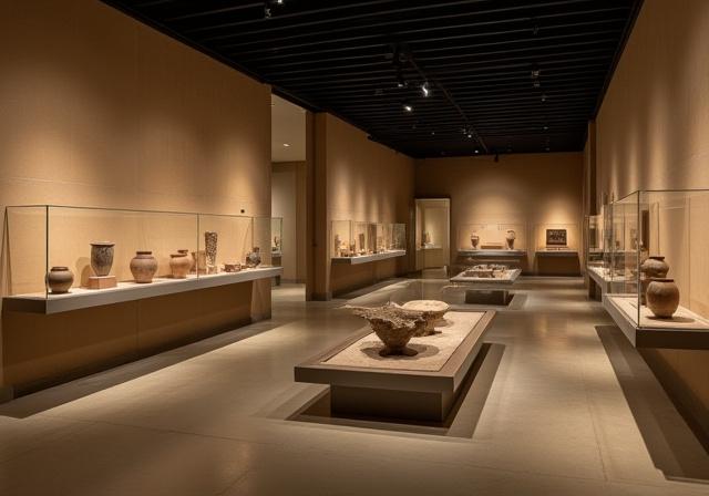 Interno di un museo archeologico ben illuminato a Ostia Antica, con reperti esposti