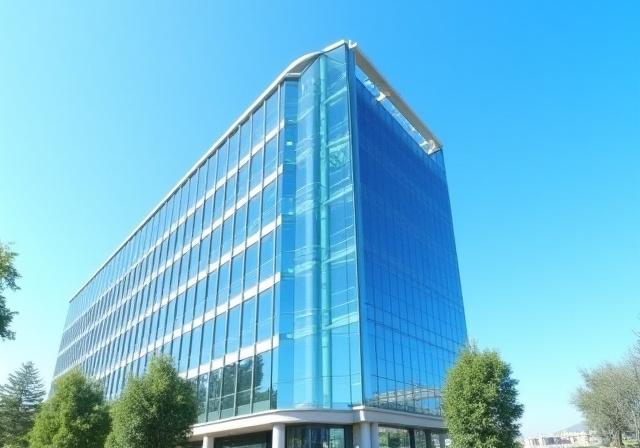 Moderno centro direzionale vetrato all'EUR con cielo azzurro, Roma